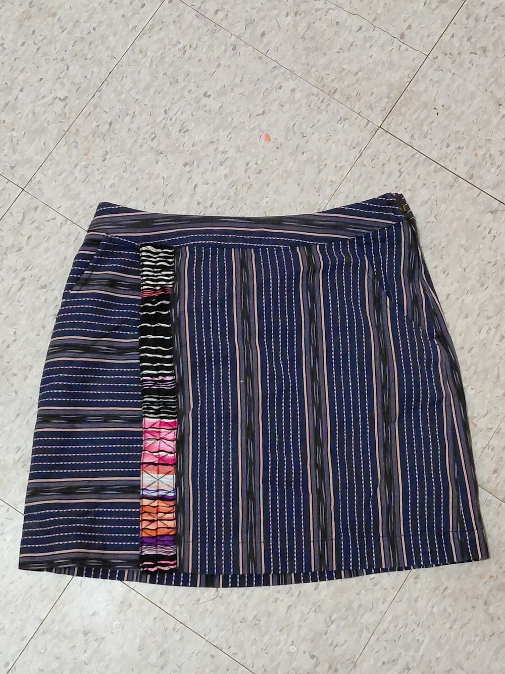 Free People Sz 6Navy Striped Wrap Mini Boho Ikat A-Line Embroidered Mini Skirt .